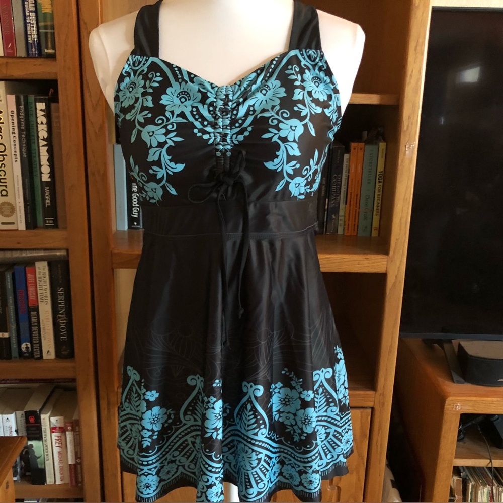 NWOT Plus Sized Teal and Black Swim Dress - Picture 3 of 7